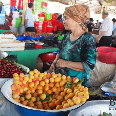 Fruits (apricot, cherry, strawberry) in Uzbekistan Bazaars